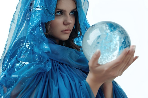 Photo beautiful model in blue gown with crystal orb on white