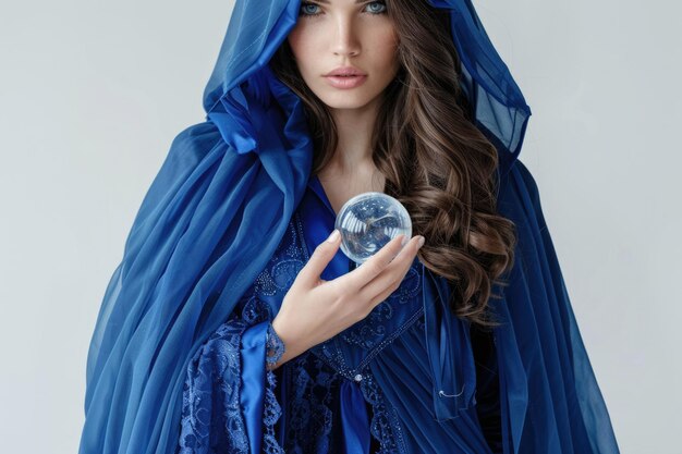 Photo beautiful model in blue gown with crystal orb on white