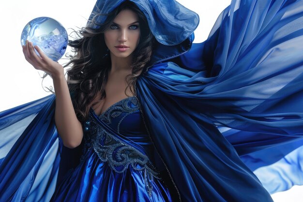 Photo beautiful model in blue gown with crystal orb on white