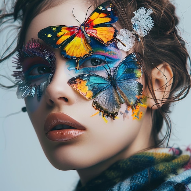 A beautiful model from Europe with a beautiful colorful butterfly painted on her face with colorful