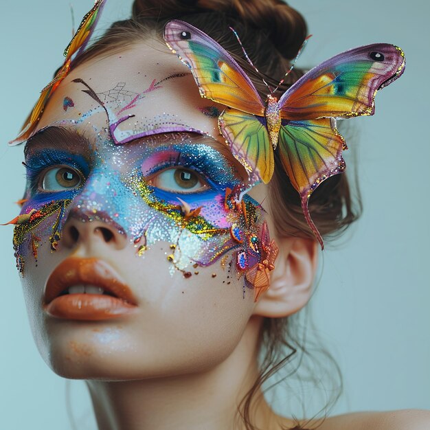 A beautiful model from Europe with a beautiful colorful butterfly painted on her face with colorful