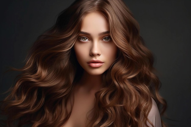 Beautiful model girl with long wavy and shiny hair Brunette woman with curly hairstyle