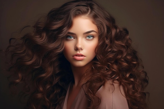 Beautiful model girl with long wavy and shiny hair Brunette woman with curly hairstyle