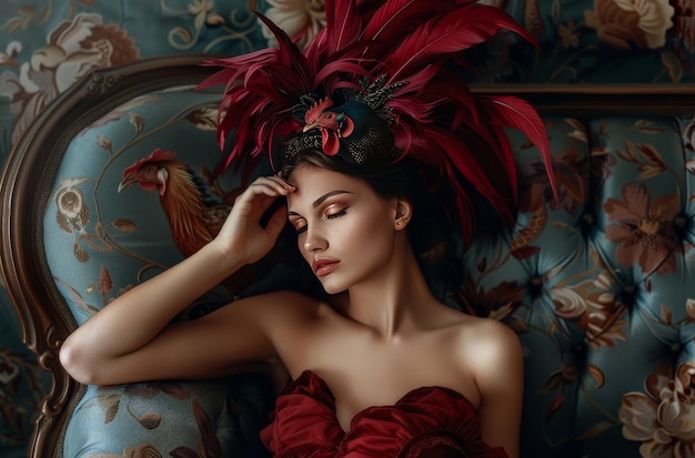 Beautiful model posing on a vintage sofa wearing a red feathered headwear