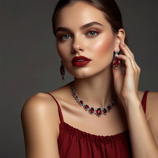 Beautiful model in red jewelry