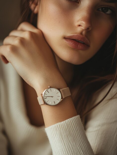 Beautiful model with luxury watch in her hand ad