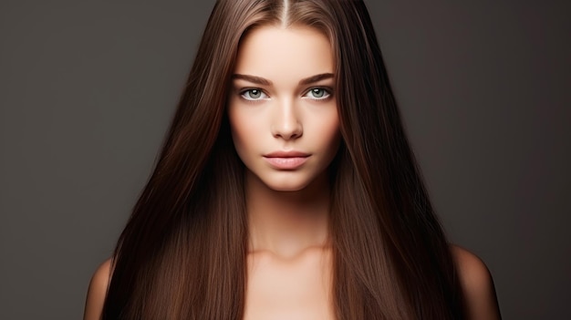 Beautiful model with shiny healthy brown hair and smooth glowing skin for care products