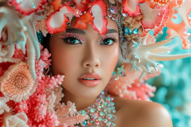 Beautiful Model With Spring Floral Headdress Looking Intently at Camera in High Fashion Portrait