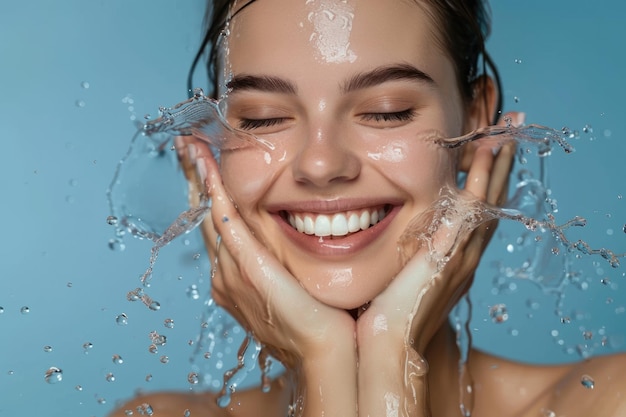 Beautiful model with water splashes fresh skin beauty concept