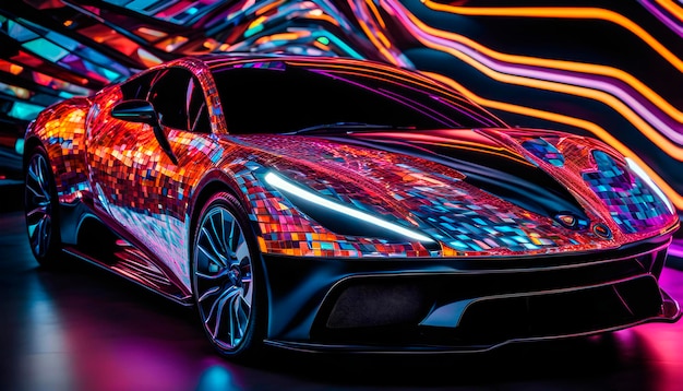 Beautiful modern abstract car design in neon light black shadows