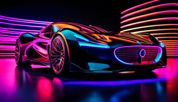 Beautiful modern abstract car design in neon light black shadows