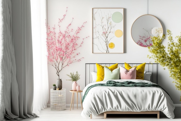 Beautiful modern bedroom with spring flowers as decor