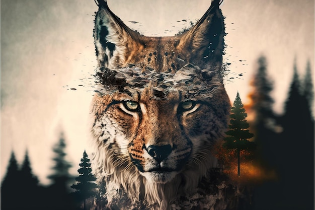 Beautiful modern design lynx with double exposure nature background