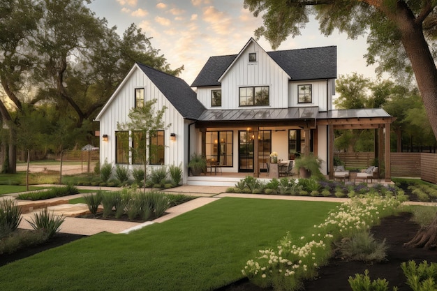 Beautiful modern farmhouse surrounded by lush greenery and blooming flowers