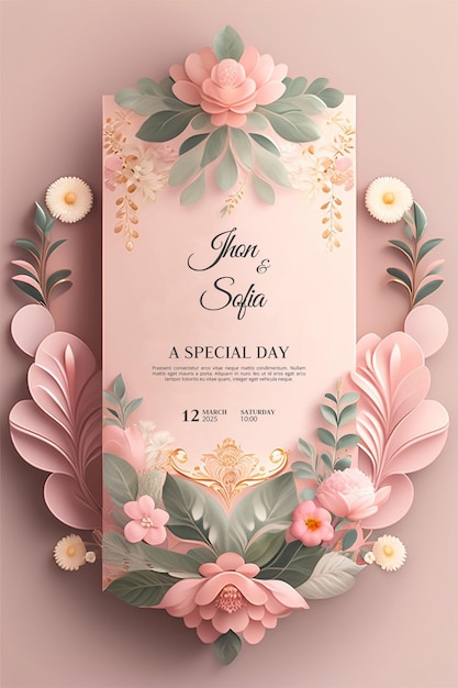 Beautiful modern floral minimalist wedding invitation template