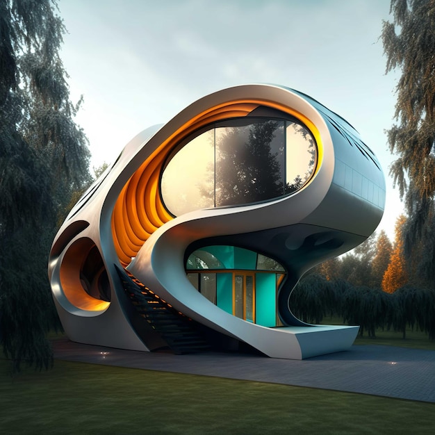 Beautiful modern future house with a curved roof