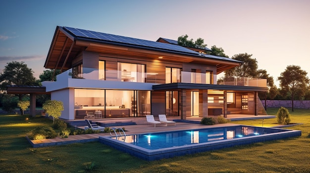 Beautiful modern home with solar panels and Generative AI in a sunset setting