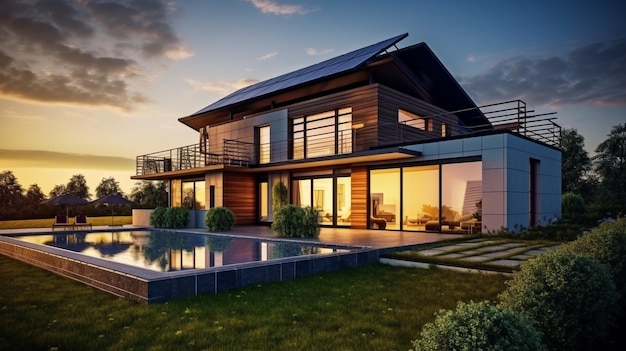 Beautiful modern home with solar panels and Generative AI in a sunset setting