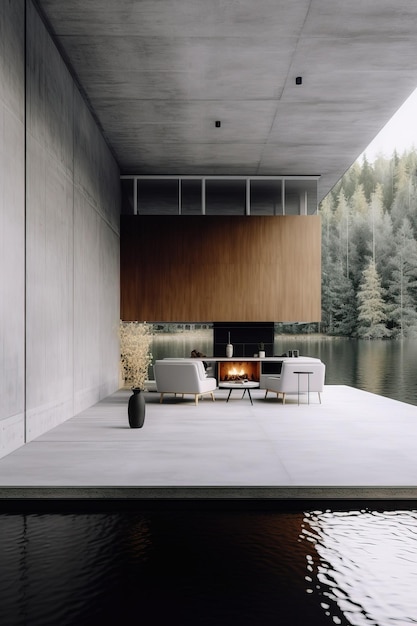 Beautiful modern house architecture with concrete and wood walls water around in the middle of nature Generative Ai