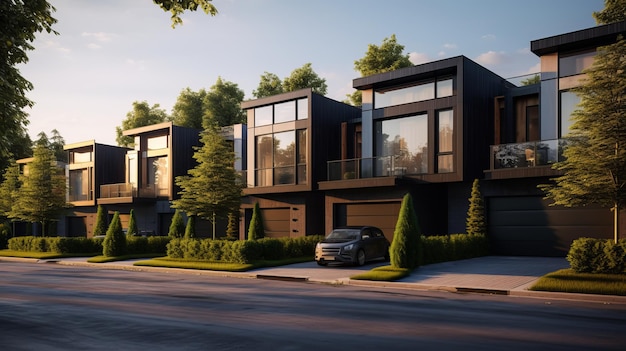 A beautiful modern house exterior black framed windows and landscaping