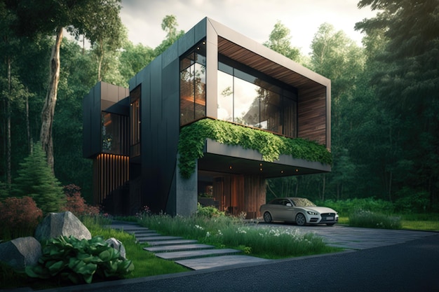 Beautiful modern house green landscape design Illustration Generative AI