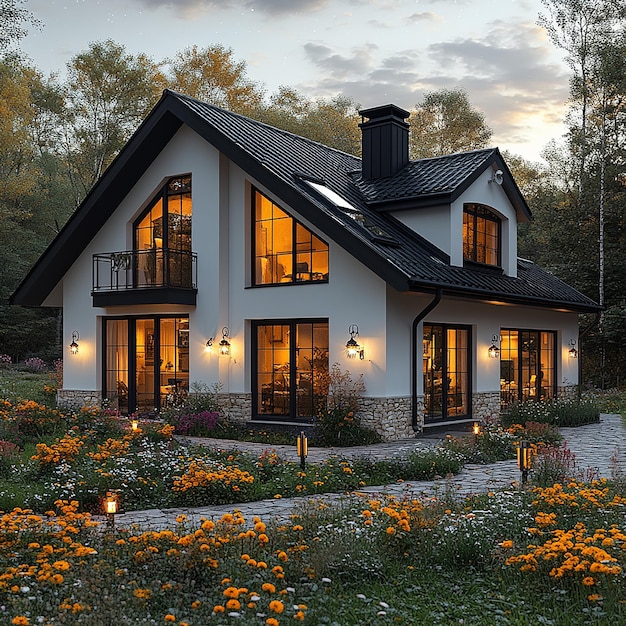 Photo of a beautiful modern house in poland with white walls and a black roof large windows and flowers