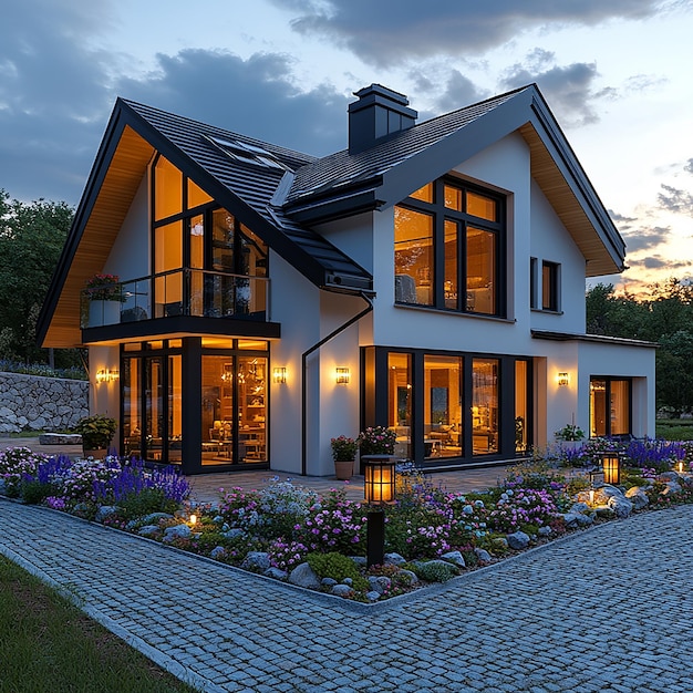 Photo of a beautiful modern house in poland with white walls and a black roof large windows and flowers