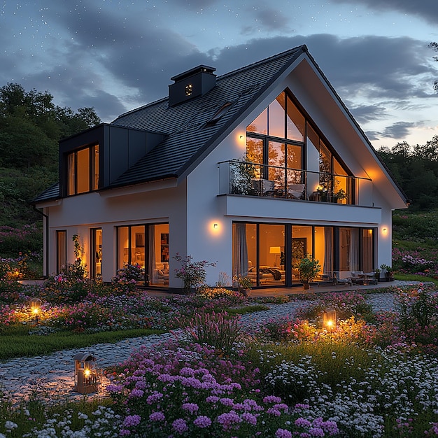 Photo of a beautiful modern house in poland with white walls and a black roof large windows and flowers