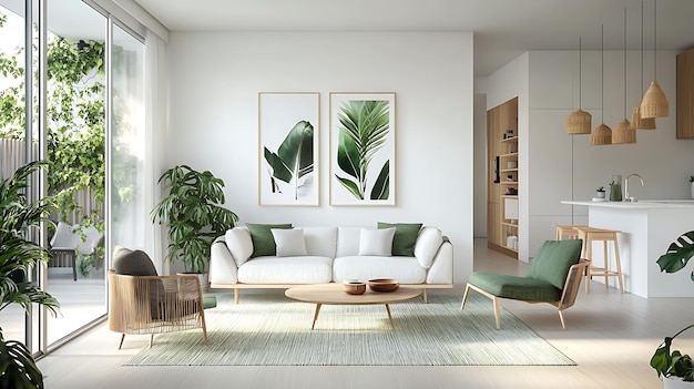 Beautiful Modern Living room Interior with furnitures mockup frame posters wall 3d Rendering