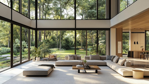 Beautiful modern living room with doubleheight windows offering a clear view of the