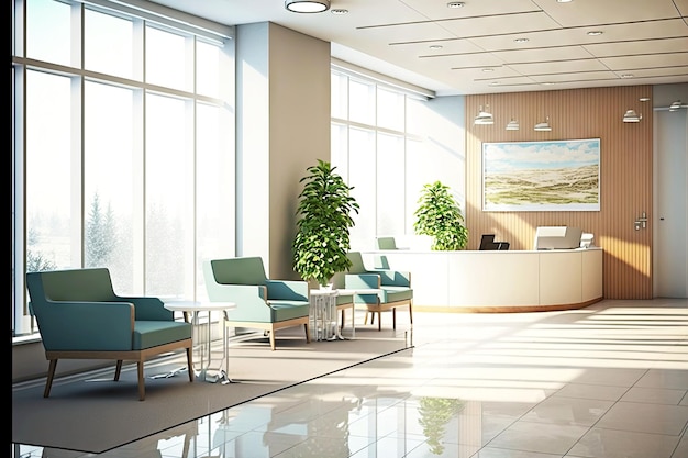 Beautiful modern office in hospital reception with large windows