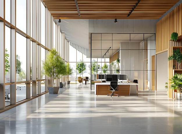 Beautiful modern office interior with panoramic windows a gray concrete floor and wooden walls near a glass wall with computer desks and chairs