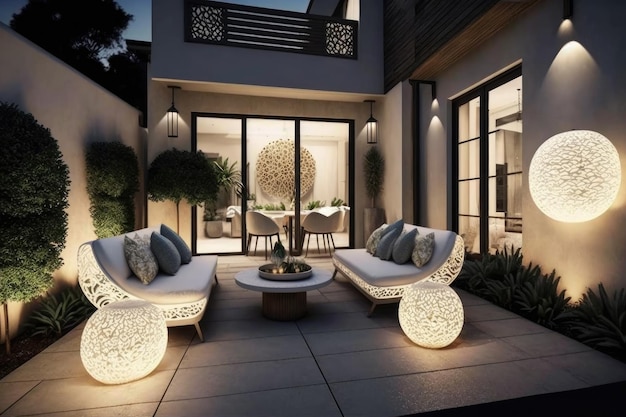 Beautiful modern patio with stylish outdoor furniture and lighting created with generative ai