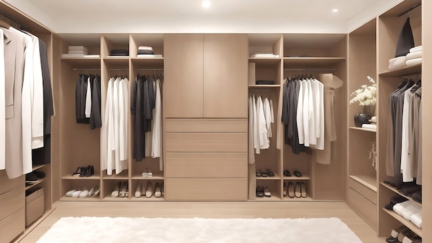 Beautiful Modern wood wardrobe with clothes Ai Generated