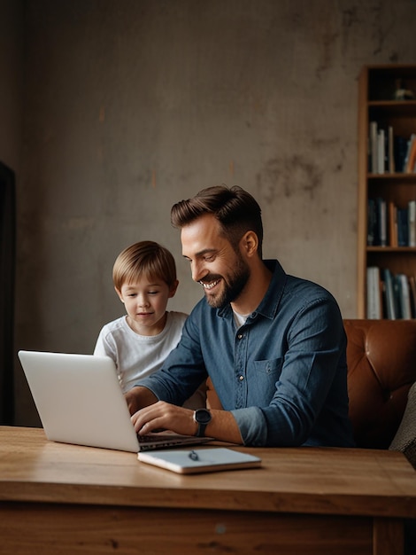 A beautiful moment of father and son looking at the laptop