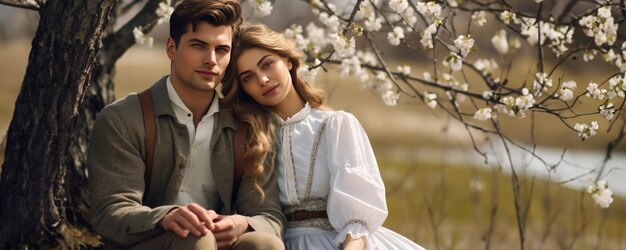 A beautiful moment between a man and a woman as they sit together on a bench under a blooming tree