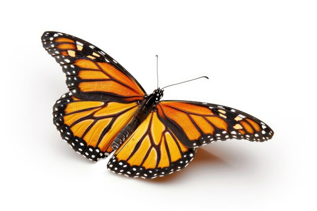 Beautiful monarch butterfly flying isolated on white background