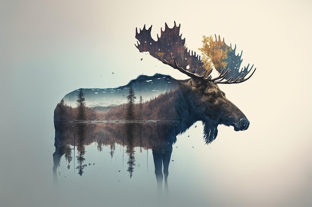 Beautiful moose in the woods double exposure with natural background