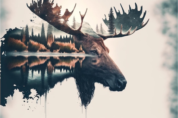 Beautiful moose in the woods double exposure with natural background