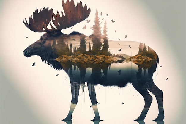 Beautiful moose in the woods double exposure with natural background