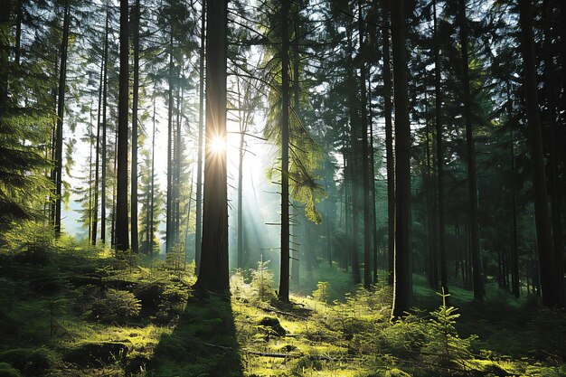 Beautiful morning in the forest Sun rays through the trees