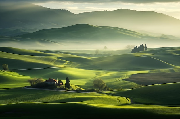 Beautiful morning landscape of green fields on the hills and a village surrounded by fog