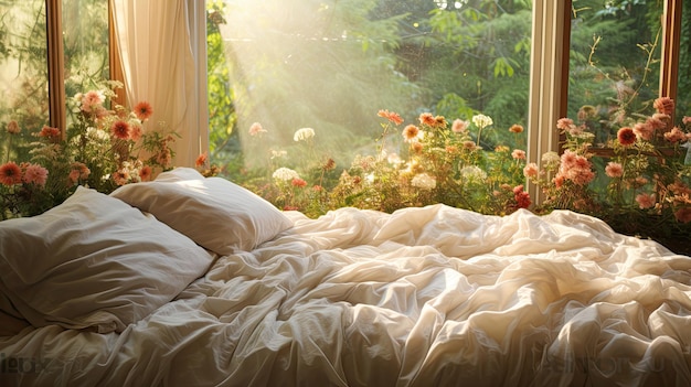 Beautiful Morning Light on Bedspread in Cozy Bedroom Home Interior with Linen Comforter Bedding