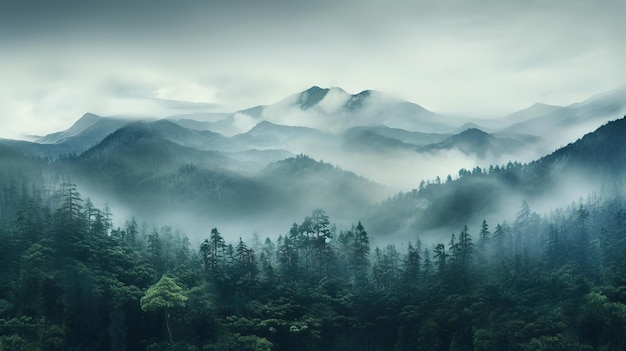 Beautiful morning mountain forest mist Generative AI