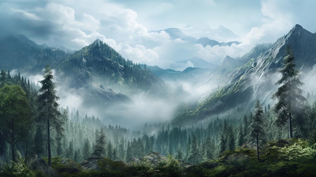 Beautiful morning mountain forest mist Generative AI