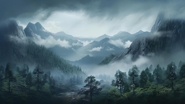 Beautiful morning mountain forest mist Generative AI