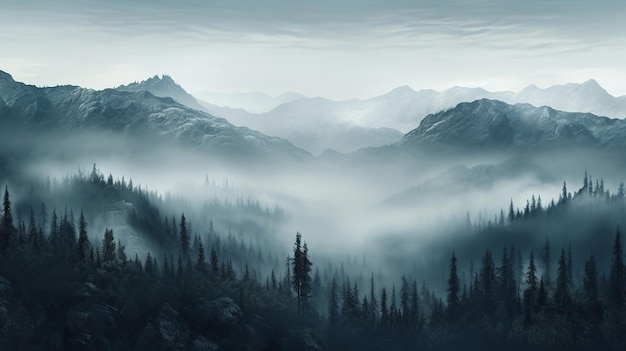 Beautiful morning mountain forest mist Generative AI