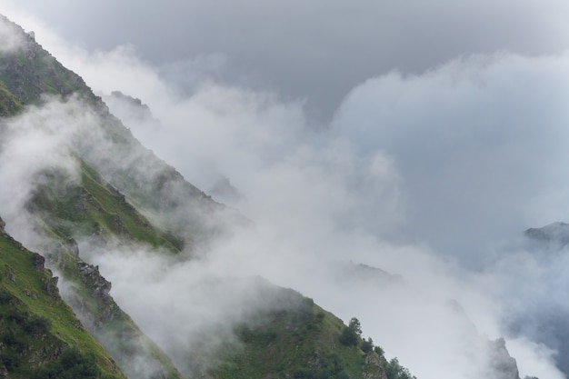 Beautiful morning scene in the mountains. Fog at sunrise.