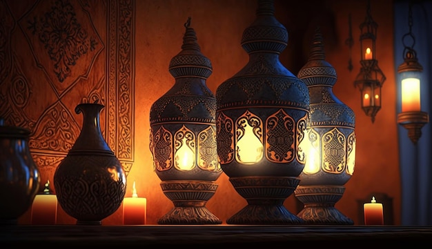 Beautiful Moroccan Lamps with Burning Candles and Room Generative AI