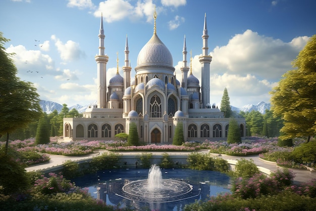 Beautiful mosque in a beautiful place with blue sky background generative ai